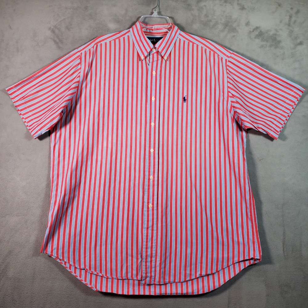 Ralph Lauren Button Down Mens L Red Stripe Blake Short Sleeve Preppy Coastal VTG